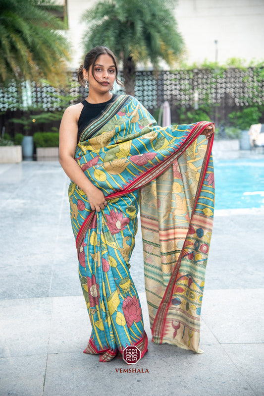 Blue Pichwai Inspired Pen Kalamkari Karvati Kinar Tussar Silk Saree : Pragya