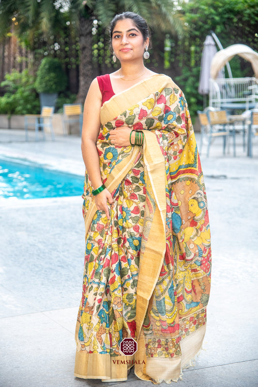 Natural Ceremonial Motiffs Pen Kalamkari Tussar Silk Saree : Aria