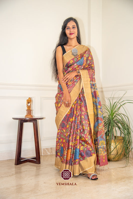 Burgundy Red Floral Pen Kalamkari Tussar Silk Saree : Mahi