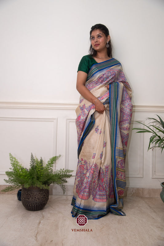 Madhubani Hand Painting Karvati Kinar Tussar Silk Saree : Mayuri