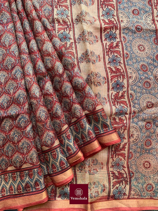 Brick Red Indigo Ajrakh Kota Silk Saree : Kriti