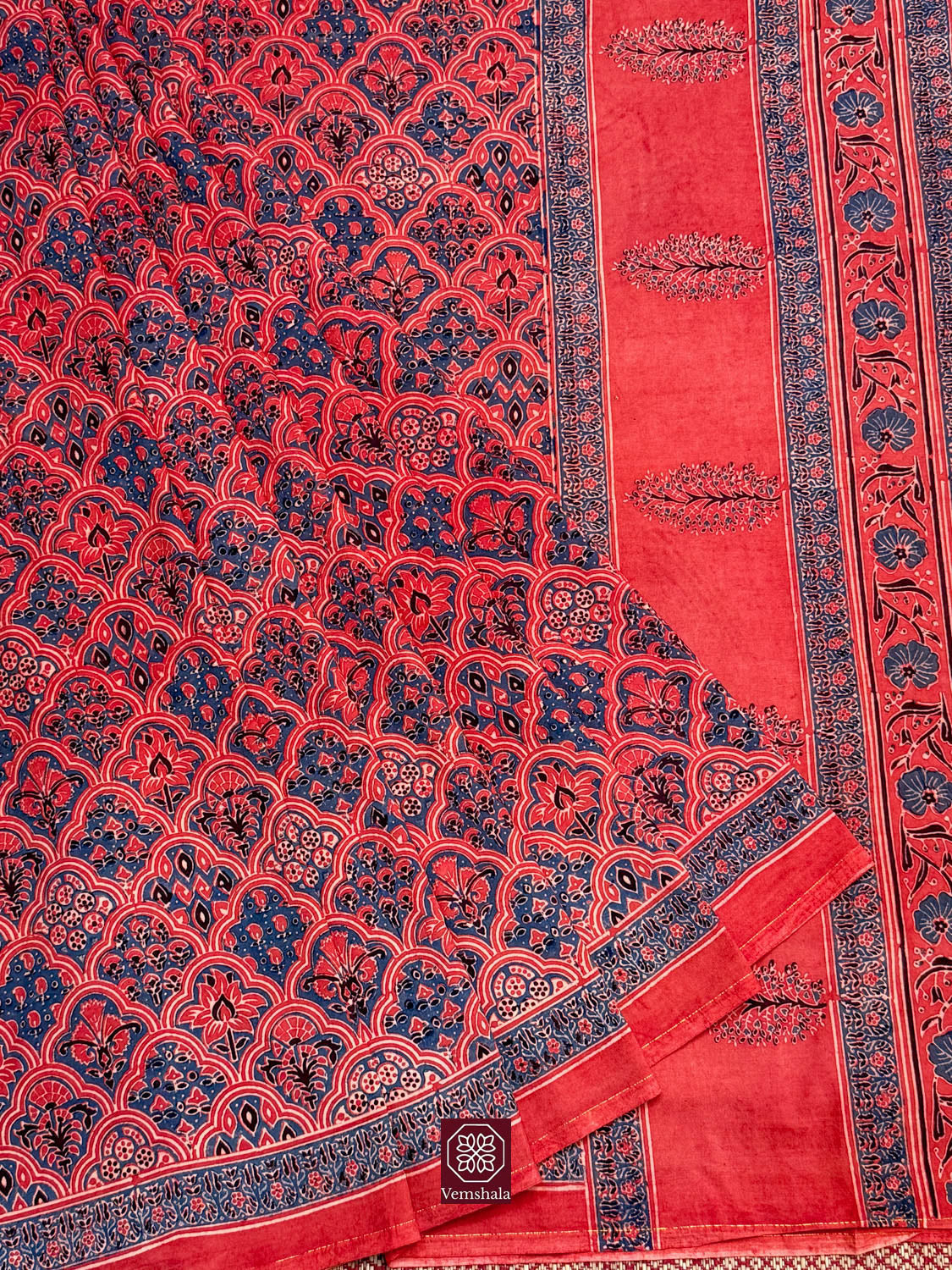 Red / Indigo Ajrakh Hand Block Cotton Saree