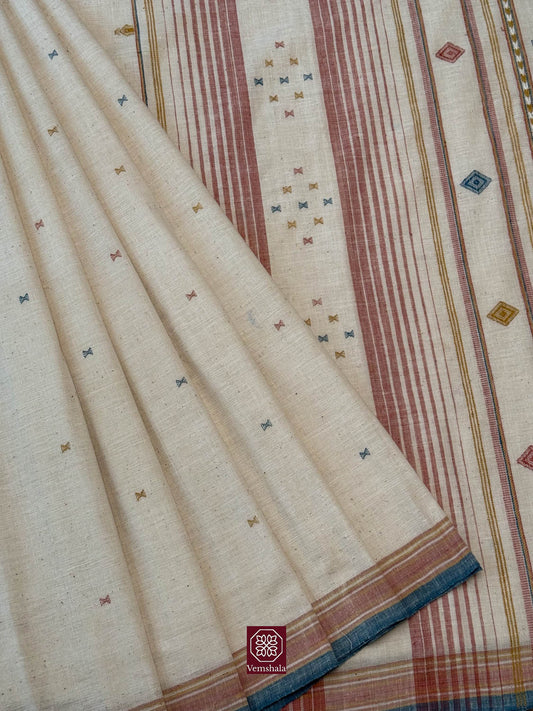 Ecru / Red / Blue Bordered Bhujodi Boota / Weave Kala Cotton Saree – Vemshala