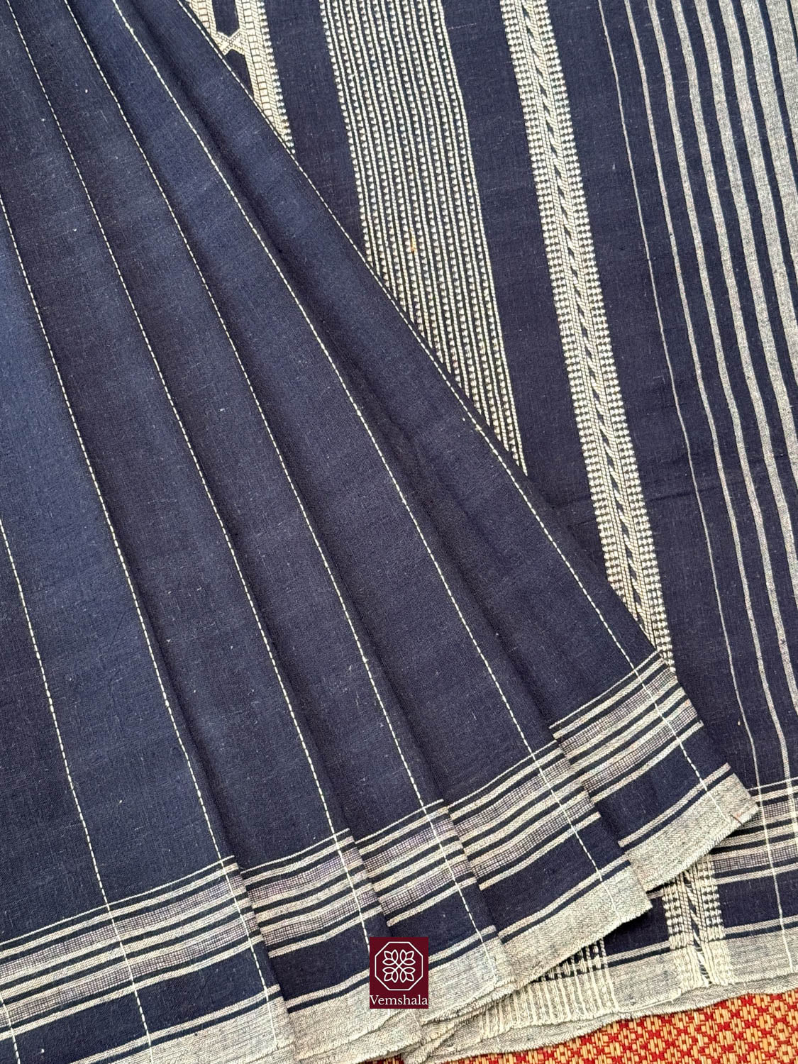 Blue / Ecru Stripe Bhujodi Weave  Kala Cotton Saree