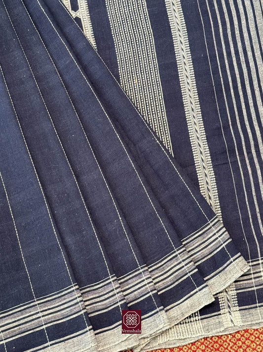 Blue / Ecru Stripe Bhujodi Weave  Kala Cotton Saree