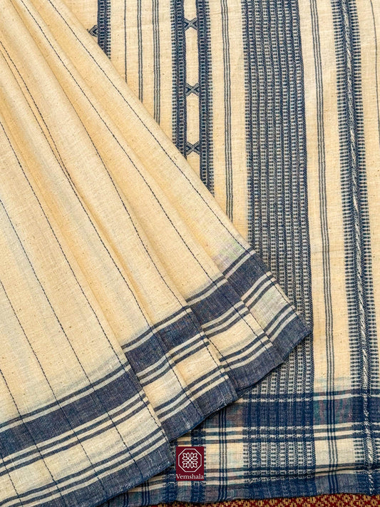 Ecru / Blue Bordered / Stripe Bhujodi Weave Kala Cotton Saree – Vemshala