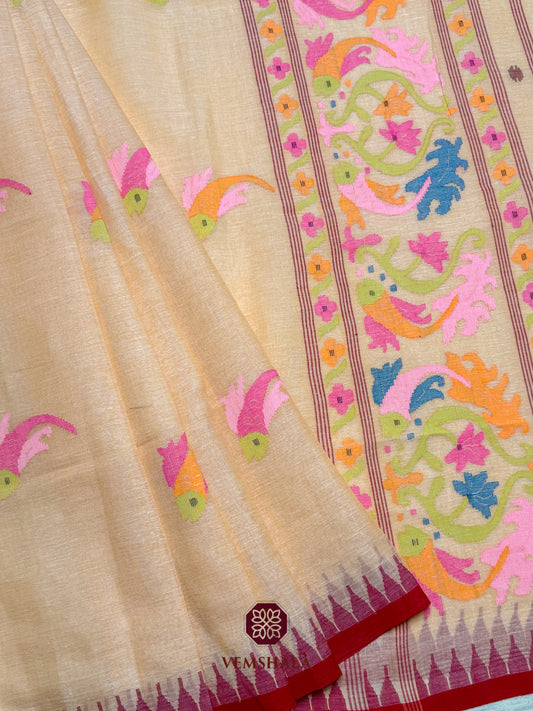Peach Moirang Phi Cotton Saree : Matsya