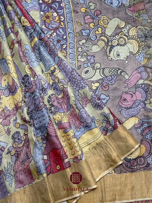 Natural / Beige / Grey / Multi Pen Kalamkari Tussar Silk Saree : Indu