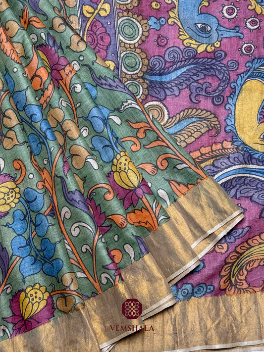 Green / Blue / Pink Pen Kalamkari Tassar Silk Saree : Karuna