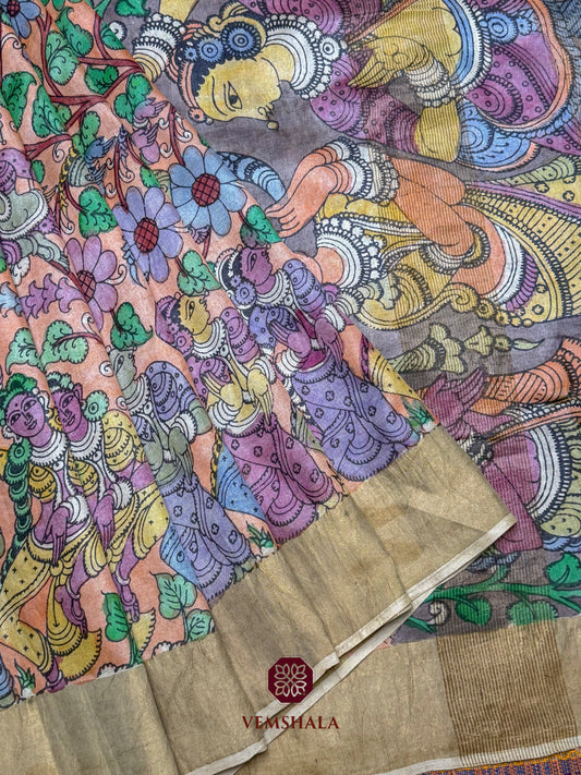 Peach Orange Pen Kalamkari Tussar Silk Saree : Mia