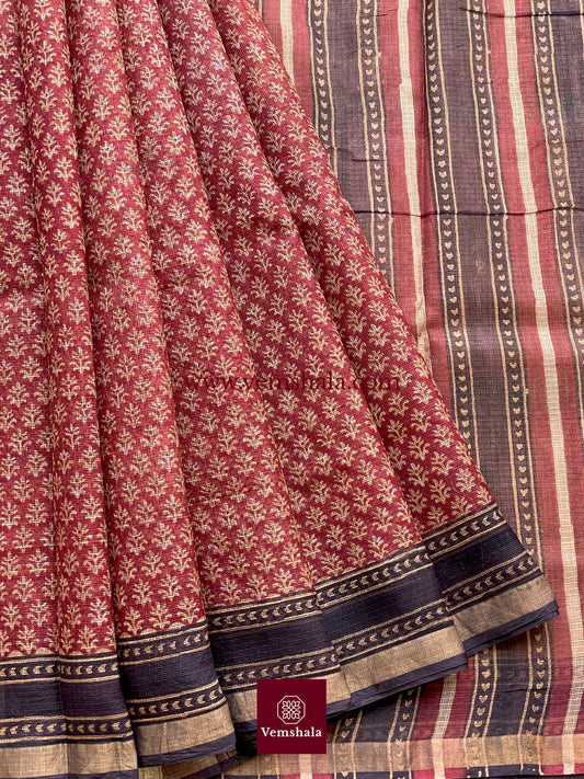 Red/ Ecru/ Black Bagru Hand block print Kota Silk Saree : Oorjaa - Vemshala