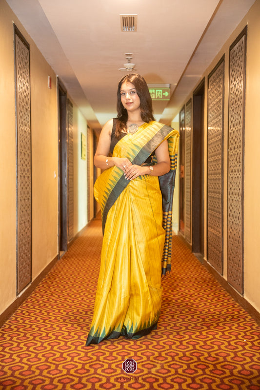 Sunflower Yellow / Grey Gopalpur Tussar Silk Saree : बसंती