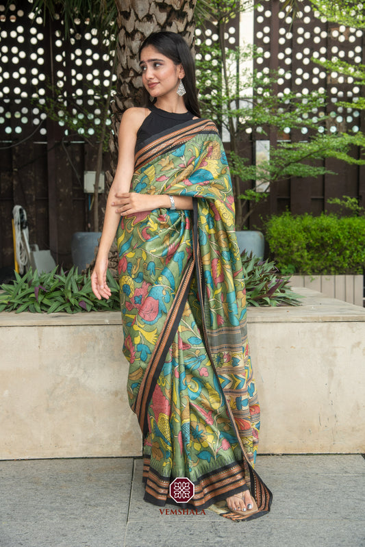 Green / Yellow / Blue Pen Kalamkari Karvati Kinar Tussar Silk Saree : Jaya