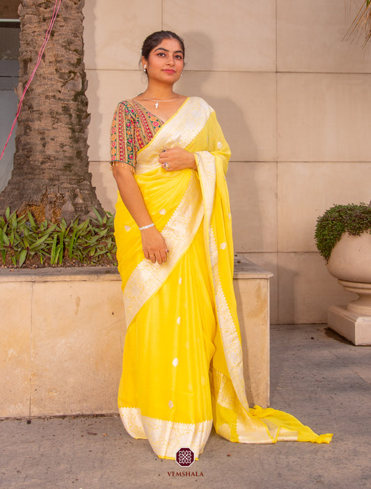 Sunshine yellow Banarasi Khaddi-Georgette Saree : Bhor