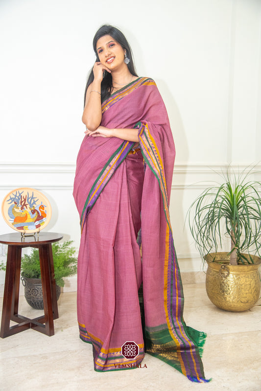 Raspberry Rose / Multi Shade / Green Gadwal Cotton Saree