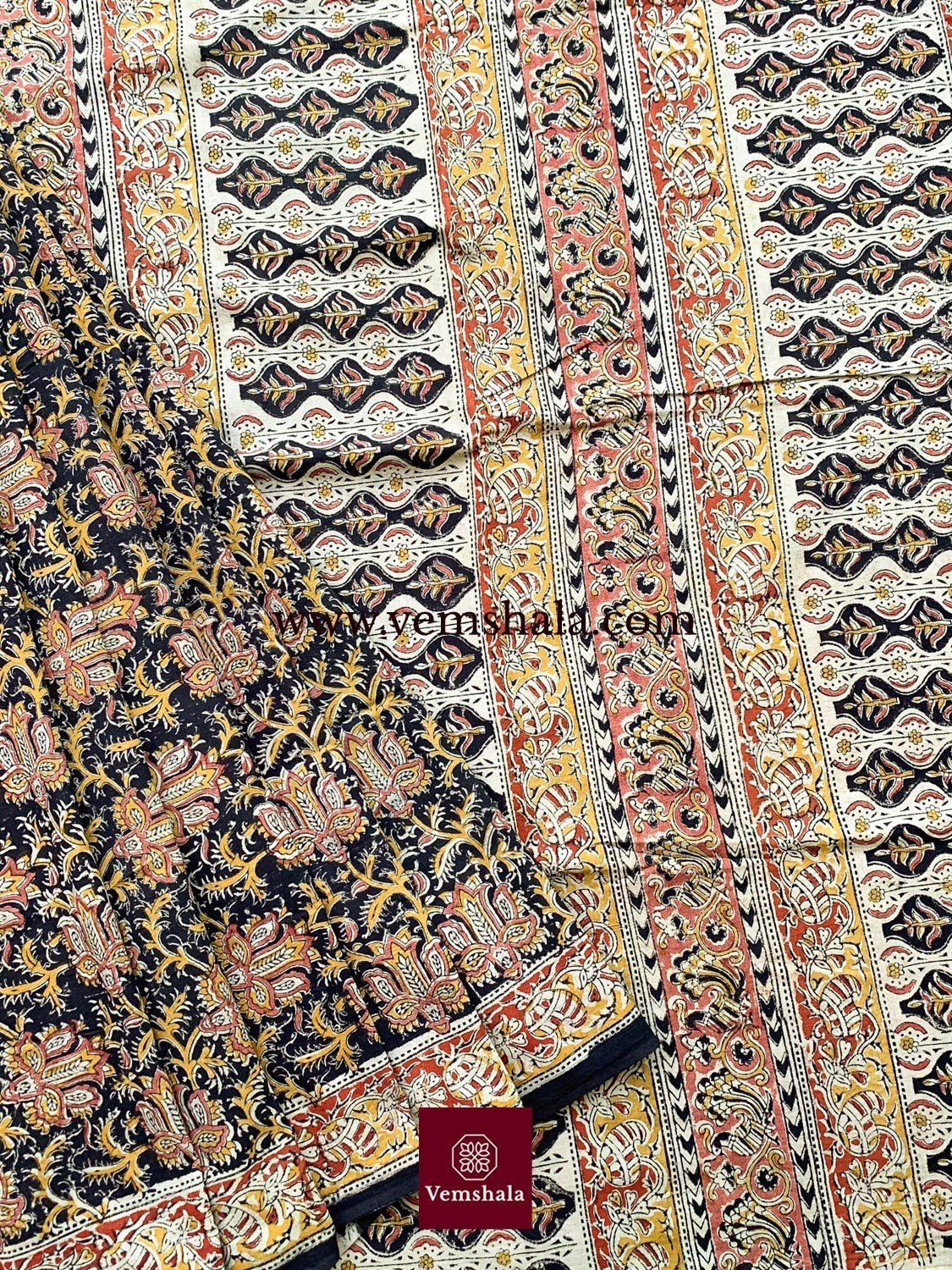 Black / Multi Pedana Kalamkari Hand Block print Cotton Saree - Vemshala