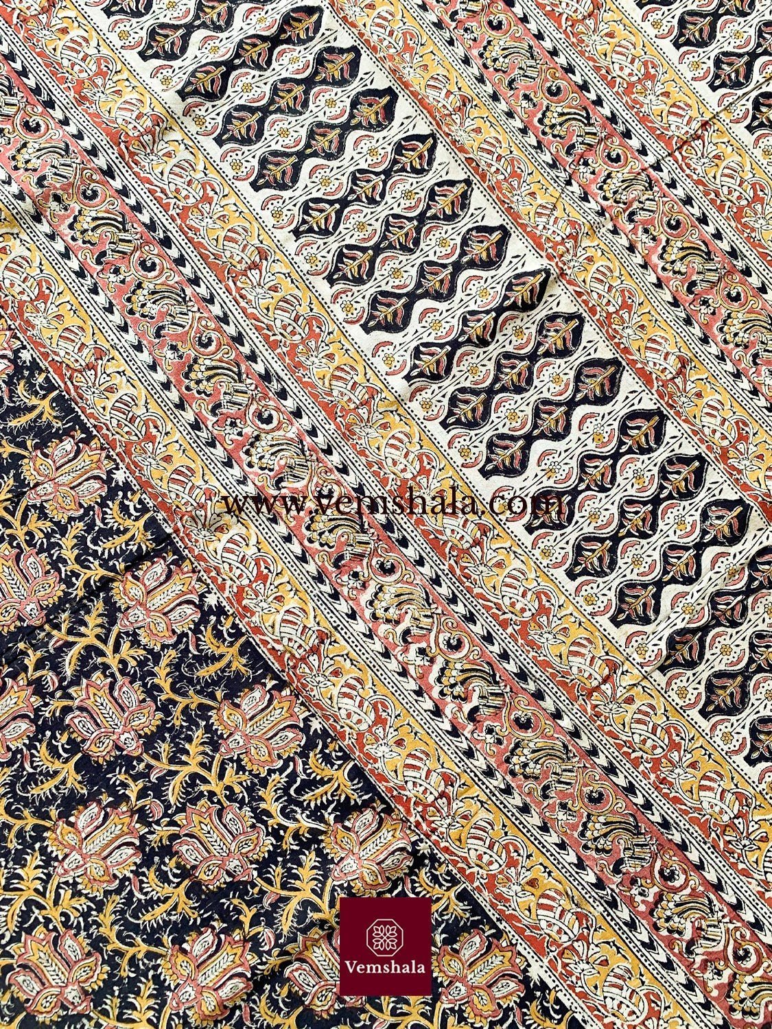 Black / Multi Pedana Kalamkari Hand Block print Cotton Saree - Vemshala