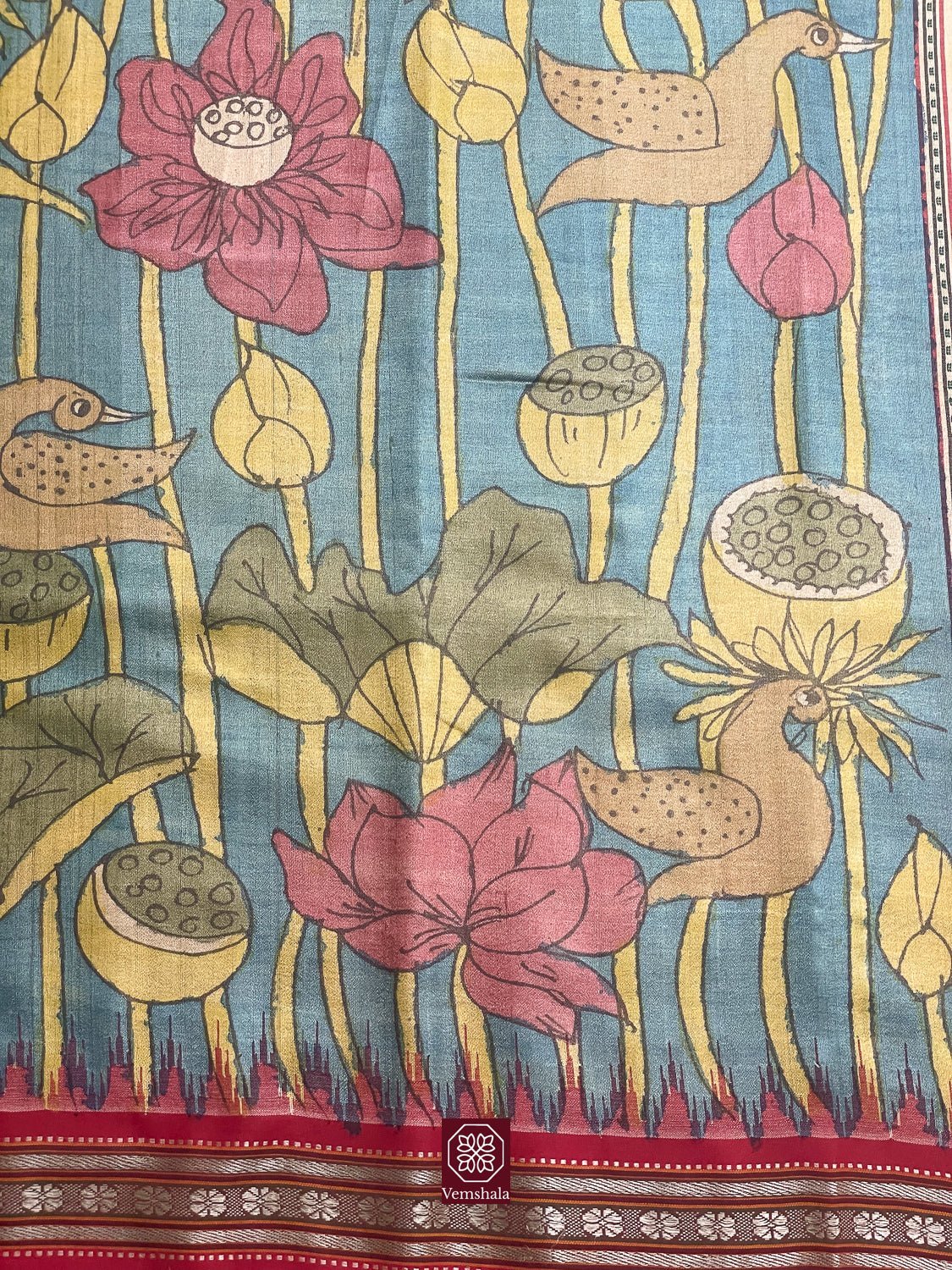 Blue Pichwai Inspired Pen Kalamkari Karvati Kinar Tussar Silk Saree - Baagh