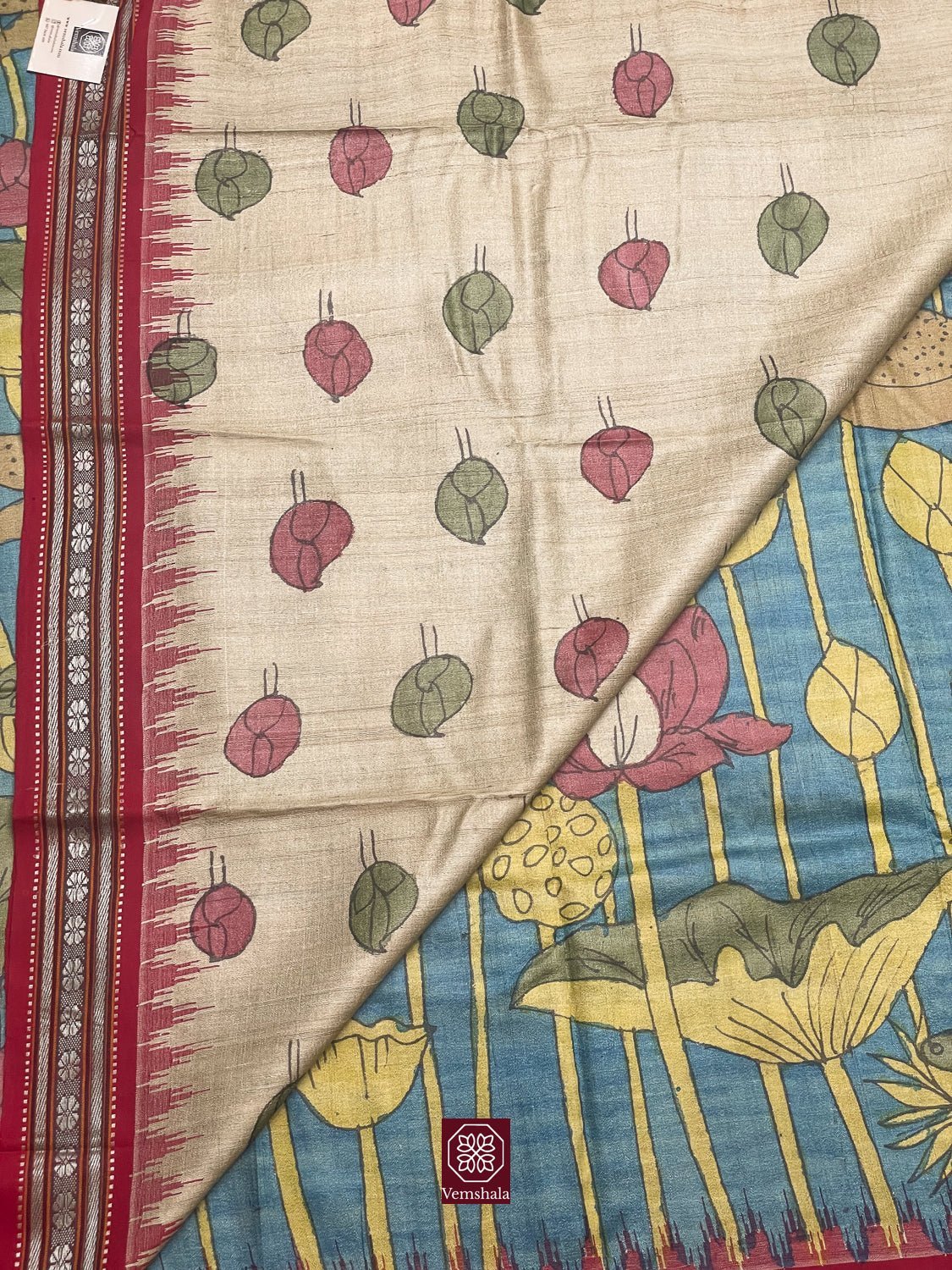 Blue Pichwai Inspired Pen Kalamkari Karvati Kinar Tussar Silk Saree - Baagh