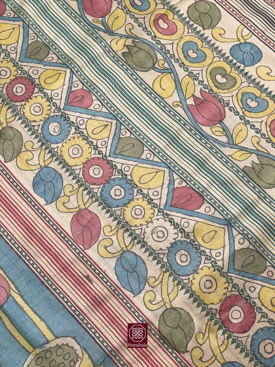 Blue Pichwai Inspired Pen Kalamkari Karvati Kinar Tussar Silk Saree - Baagh