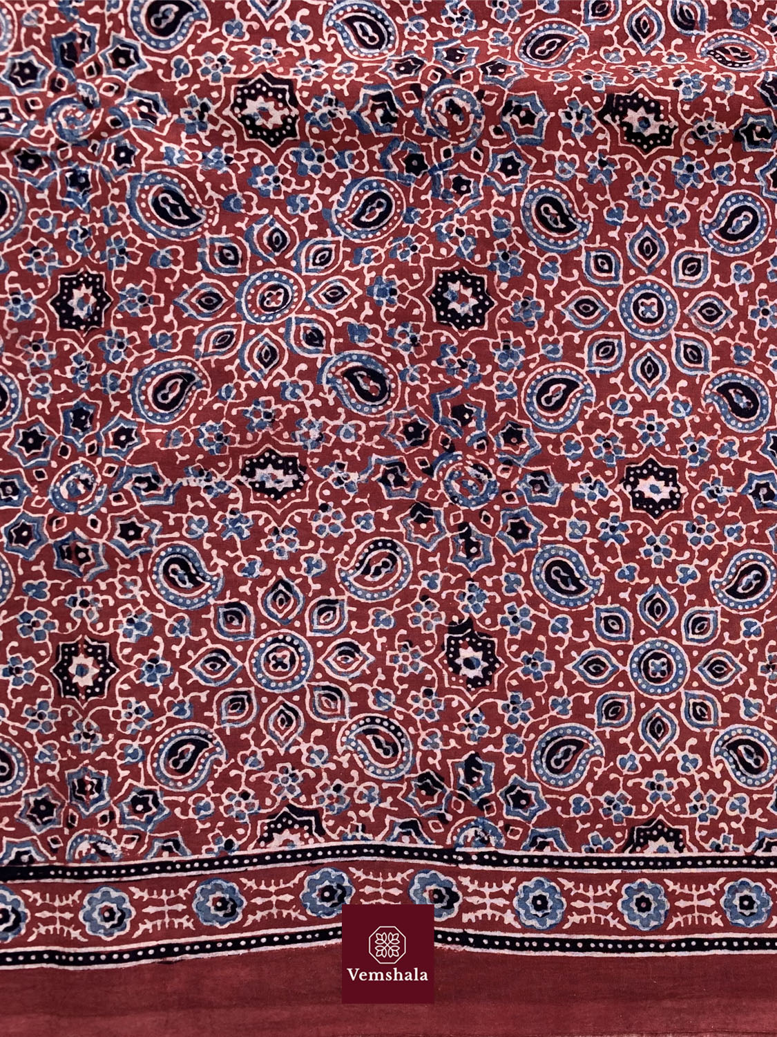 Red/ Indigo Ecru Ajrakh Cotton Saree : Rati - Vemshala