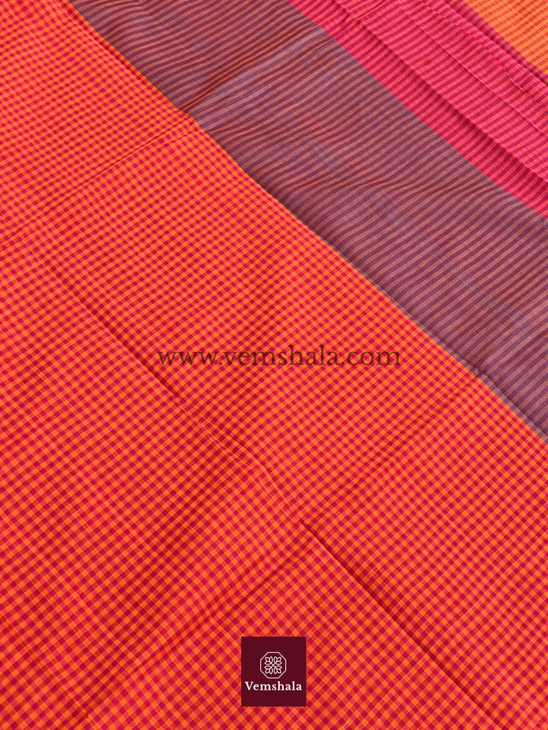 Orange / Pink / Grey Ponduru Cotton Saree :Kunji - Vemshala