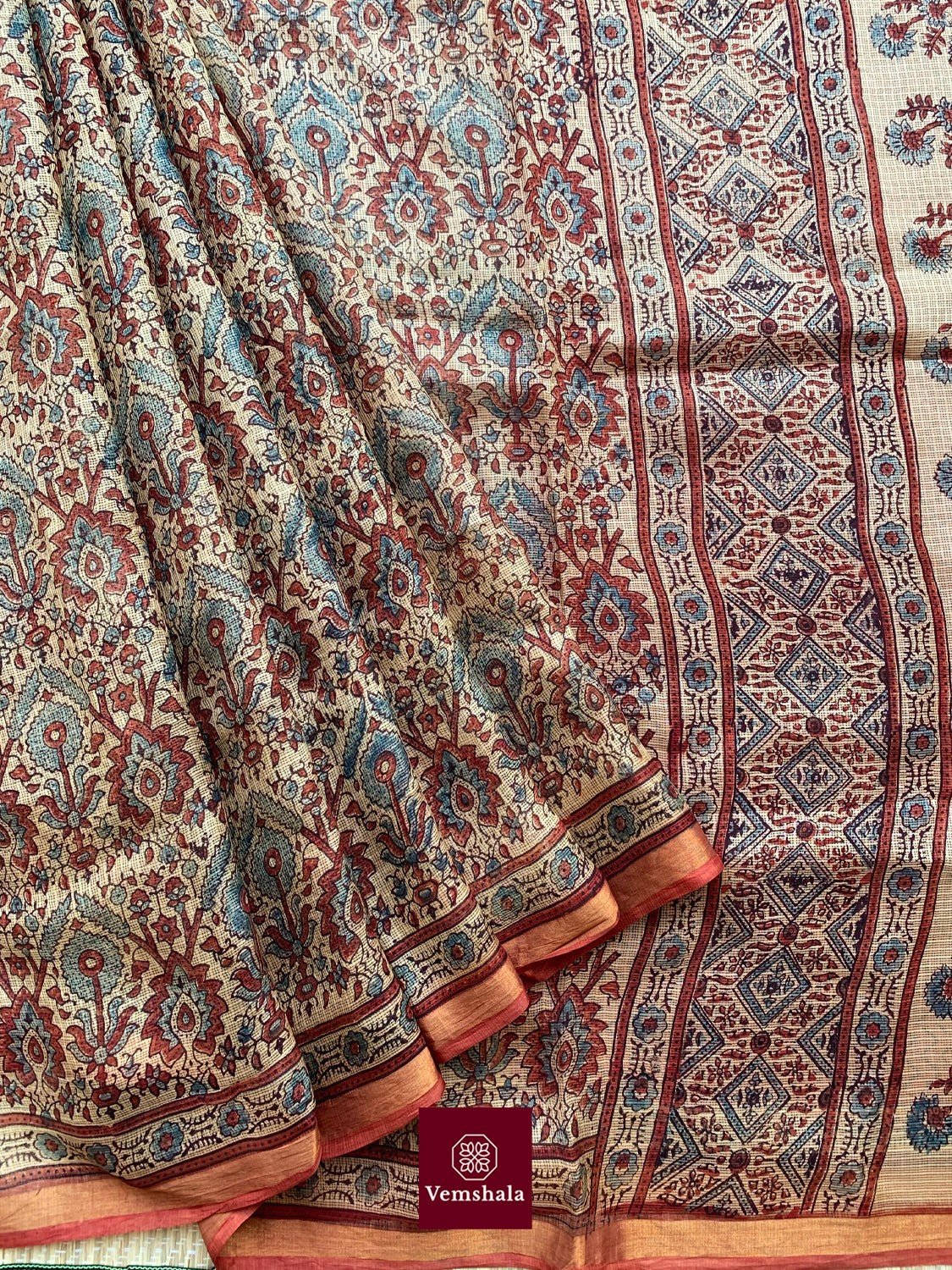 Ecru / Brick Red Indigo Ajrakh Kota Silk Saree : Mehul
