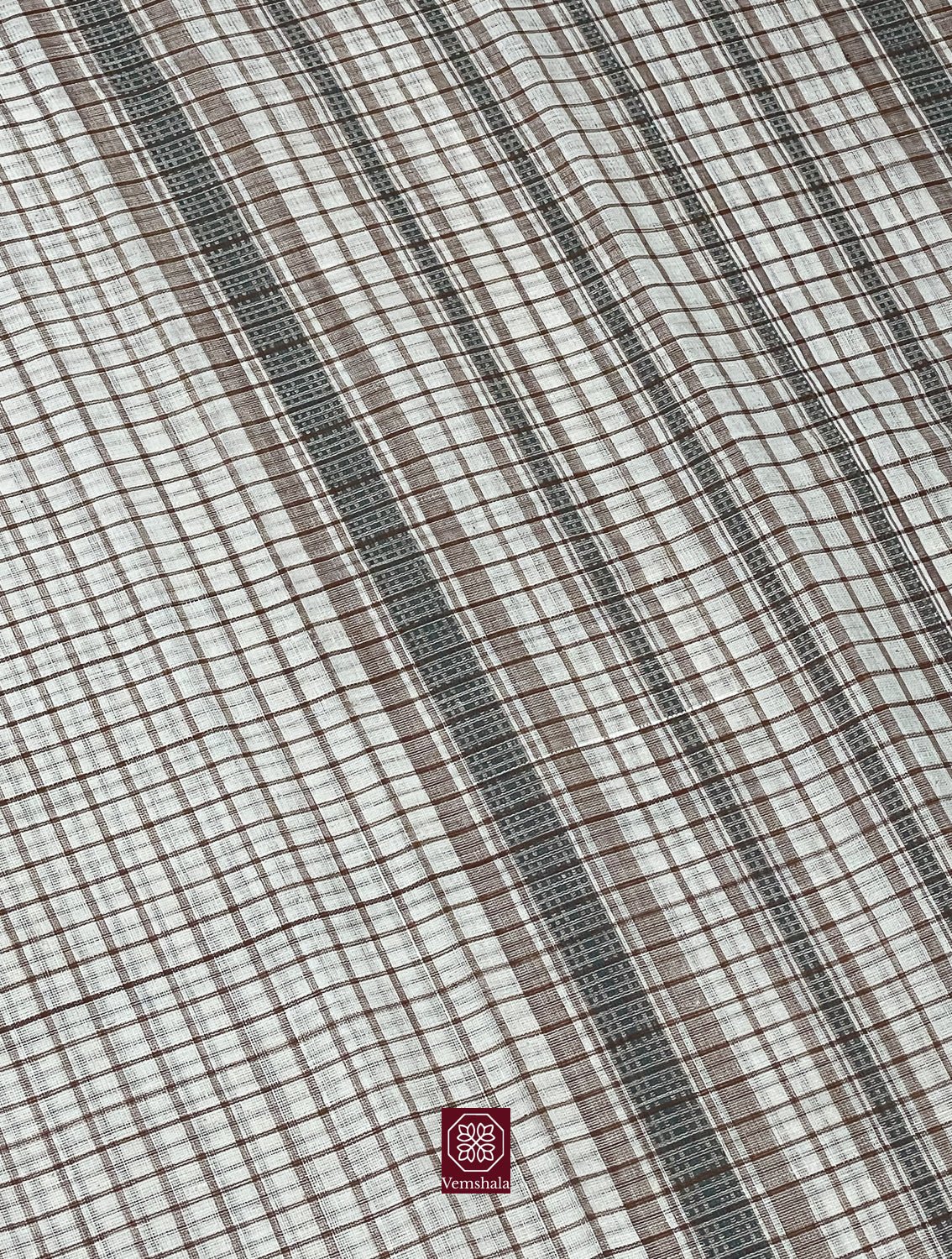 Ecru - Bronze Checks Ponduru Cotton Saree - Baagh