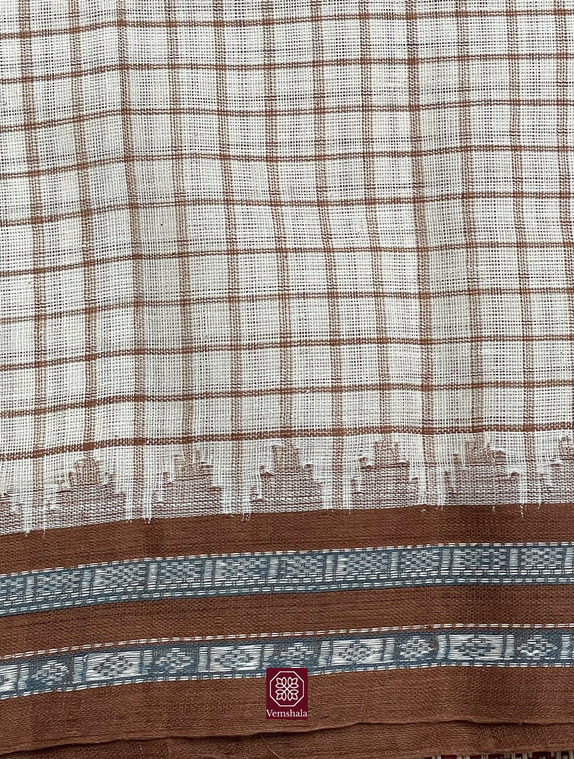 Ecru - Bronze Checks Ponduru Cotton Saree - Baagh