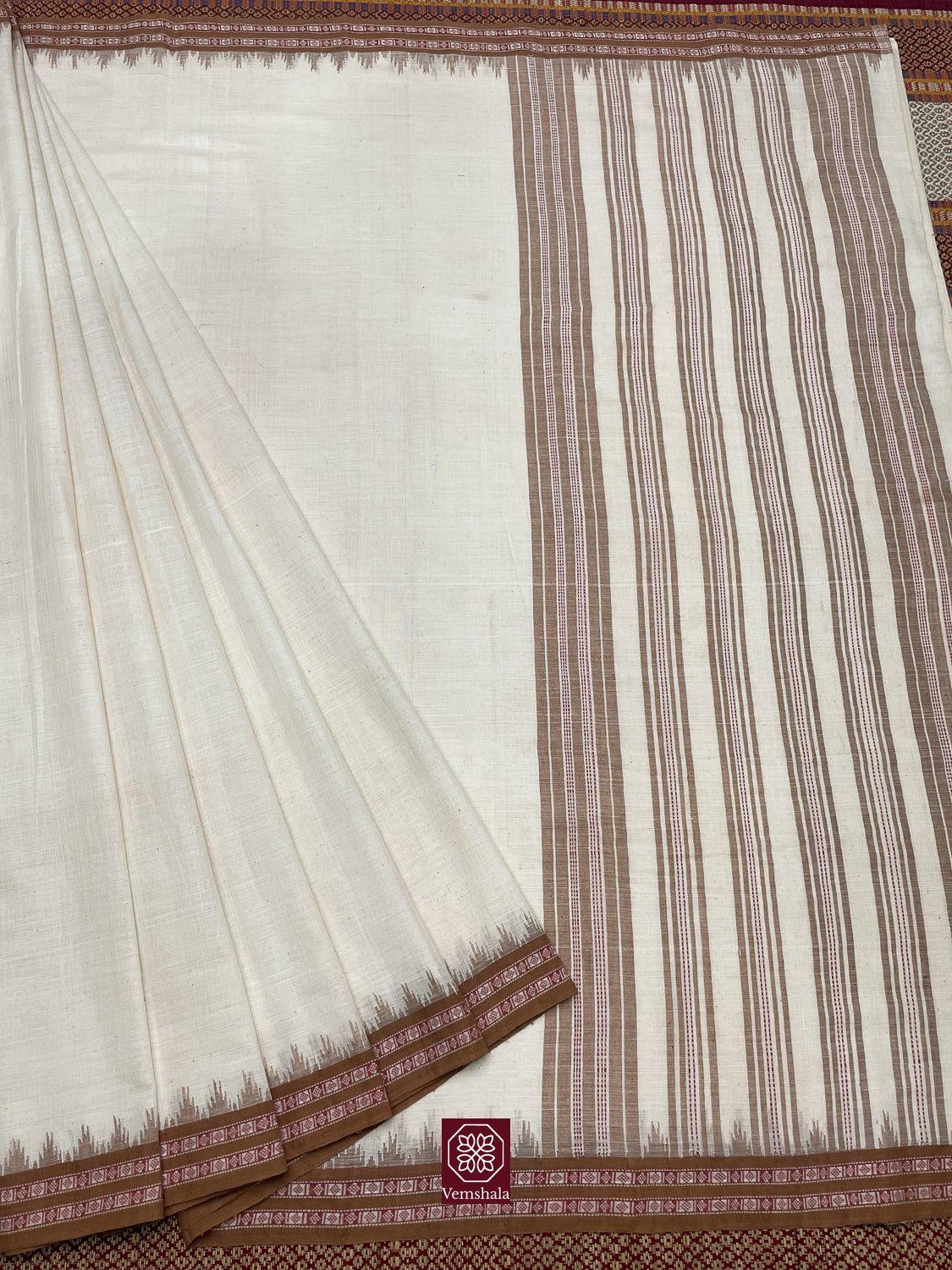 Ecru - Bronze Ponduru Cotton Dobby Border Saree - Baagh