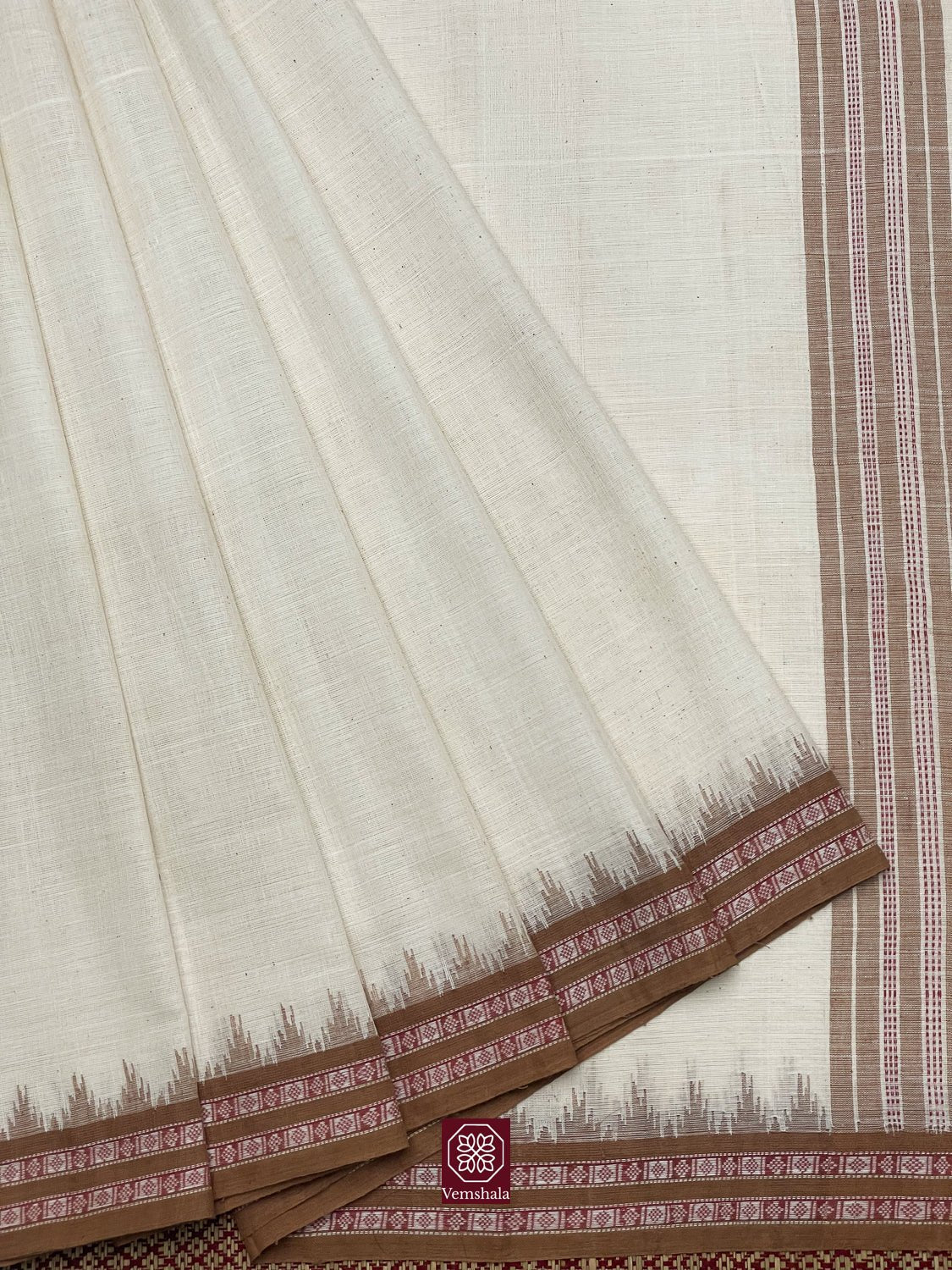Ecru - Bronze Ponduru Cotton Dobby Border Saree - Baagh
