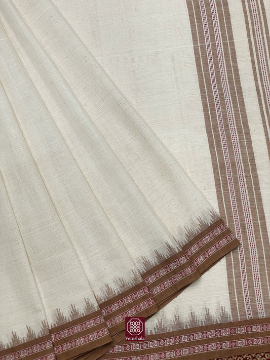 Ecru - Bronze Ponduru Cotton Dobby Border Saree - Vemshala