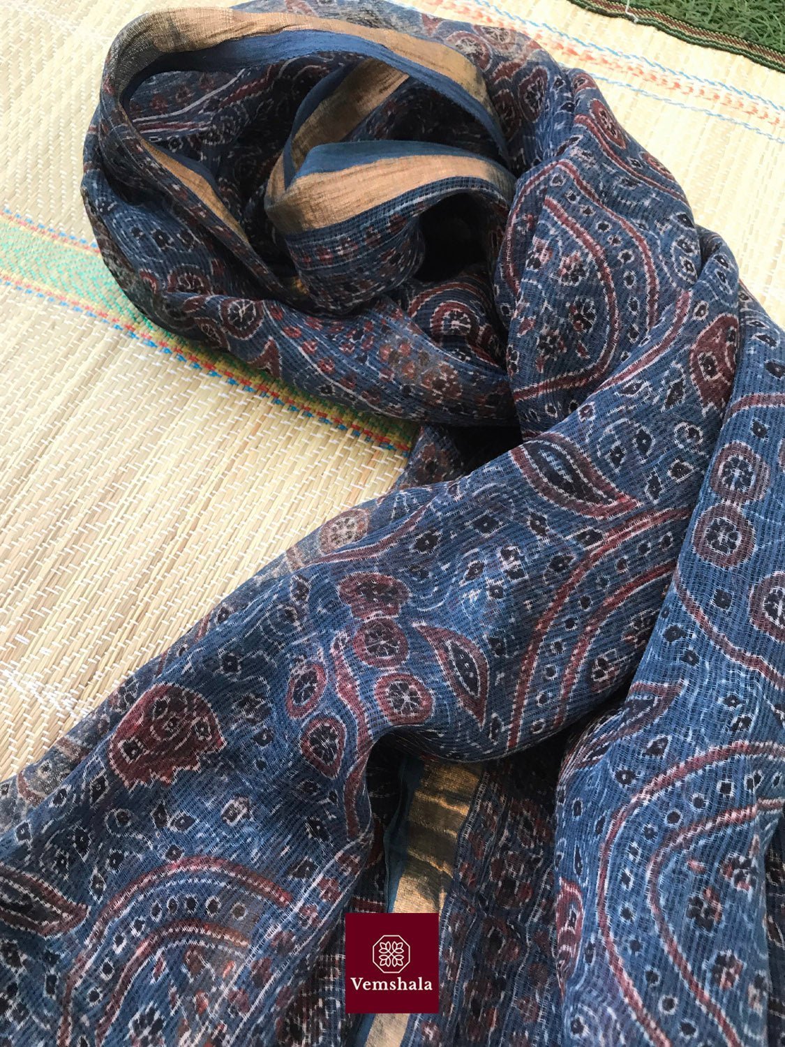 Indigo /Green Kota Cotton Ajrakh Dupatta - Vemshala