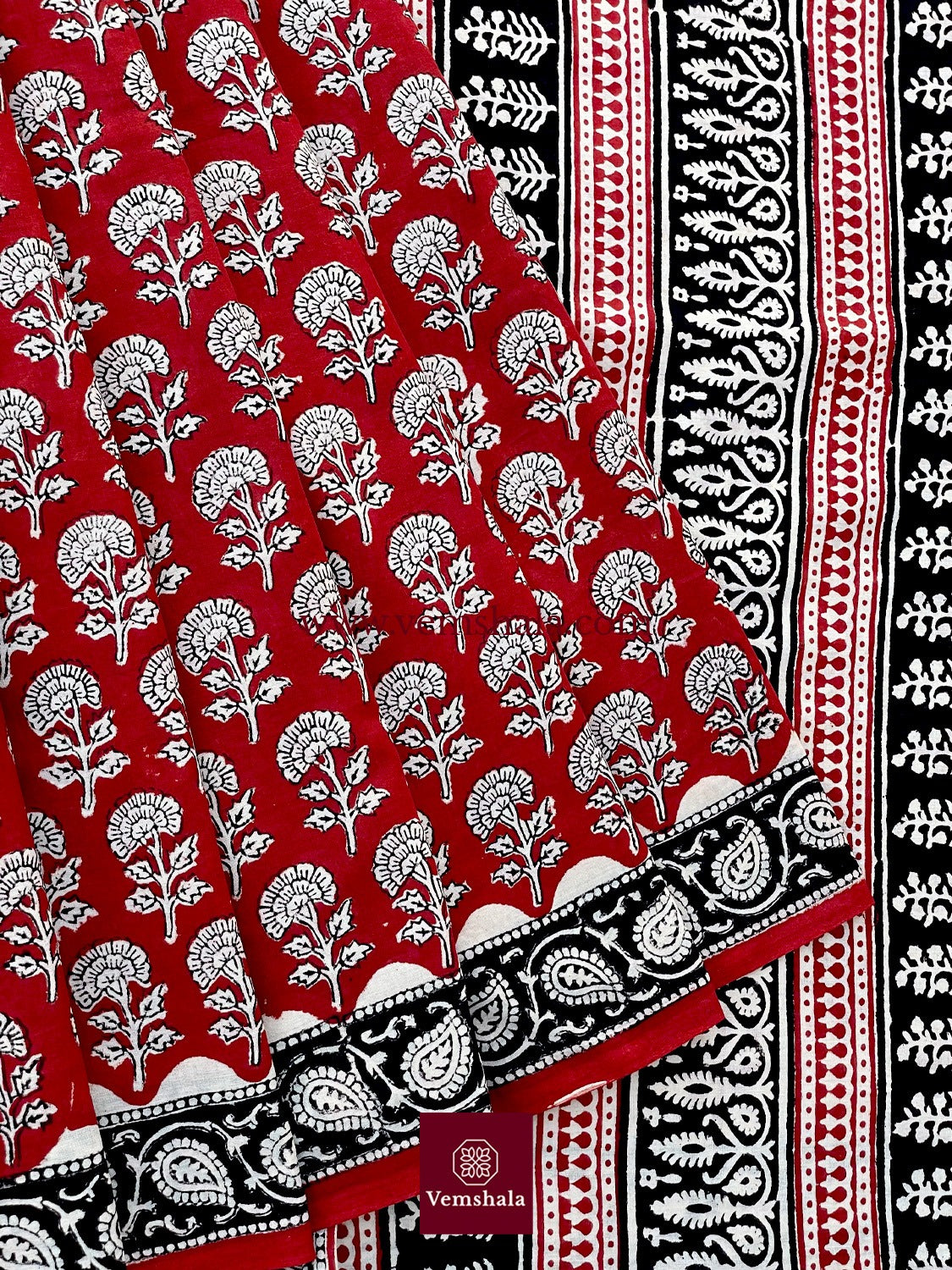Red/ Ecru/ Black Bagru Handblock Print Cotton Saree : Gulshan - Vemshala