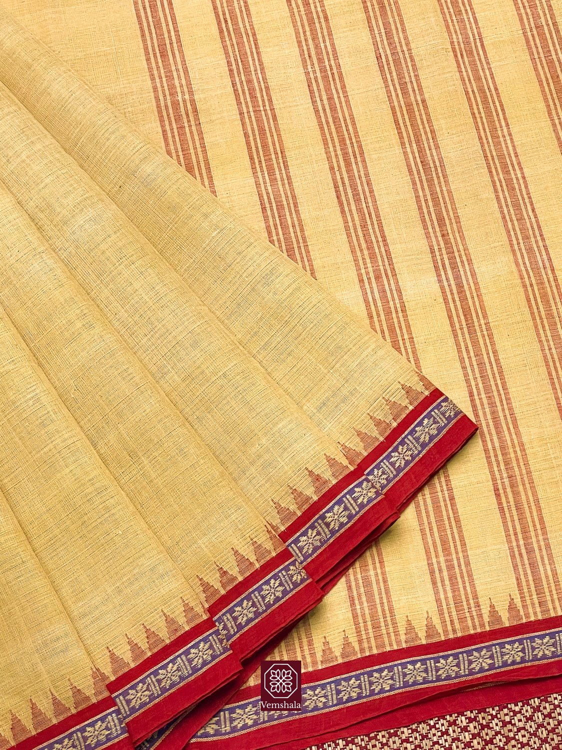 Marigold / Amber Red Ponduru Cotton Saree - Vemshala