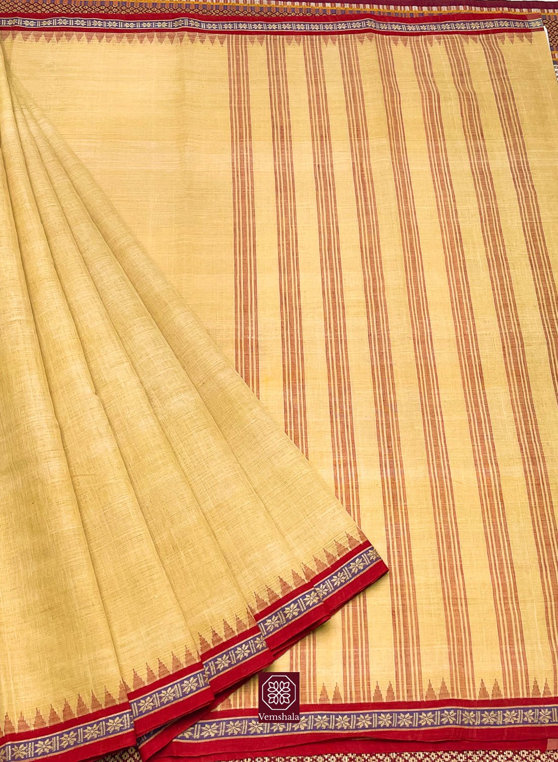 Marigold / Amber Red Ponduru Cotton Saree - Vemshala