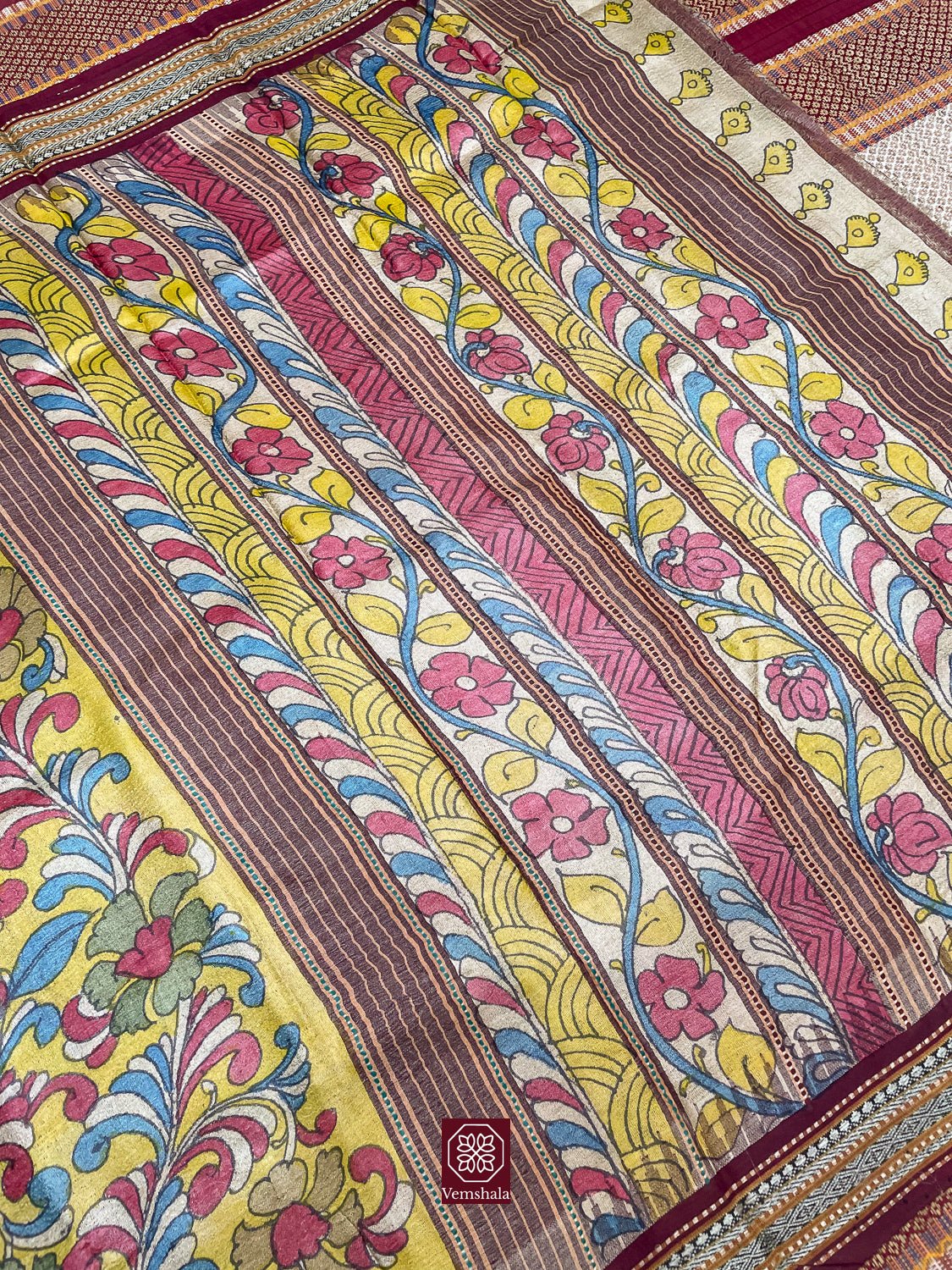 Mustard Yellow Pen Kalamkari Karvati Kinar Tussar Silk Saree - Vemshala
