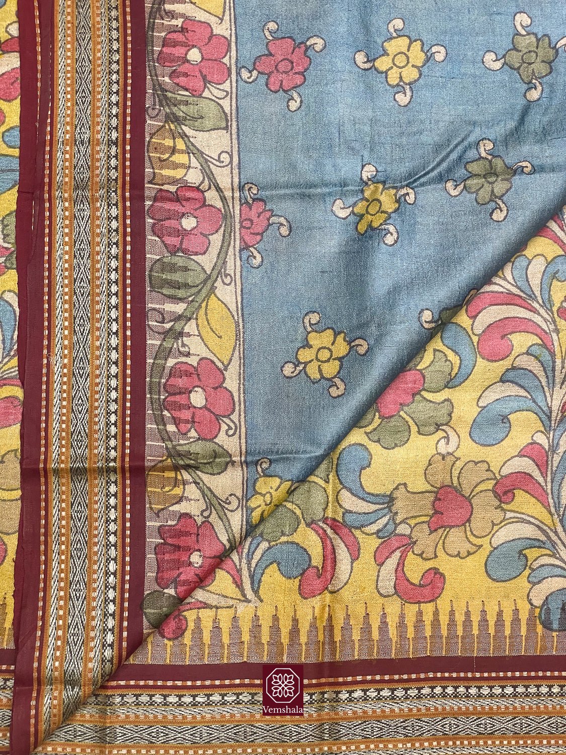 Mustard Yellow Pen Kalamkari Karvati Kinar Tussar Silk Saree - Vemshala