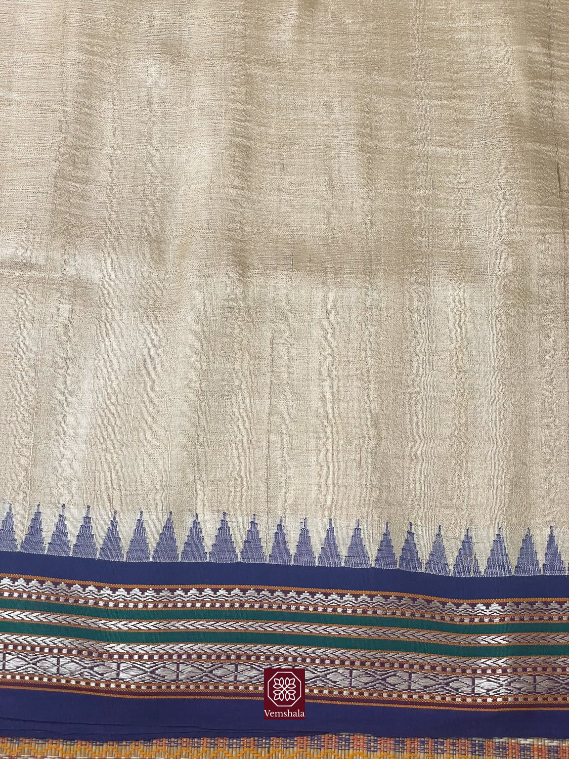 Natural / Blue Karvati Kinar Tussar Silk Vidarbha Saree - Vemshala