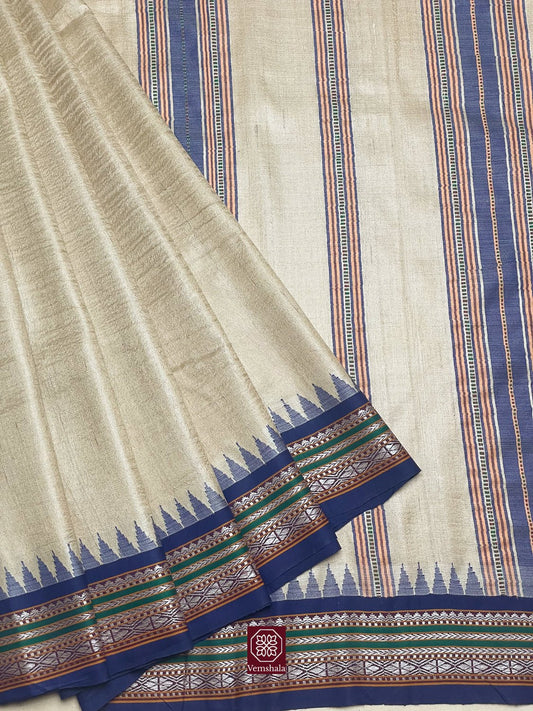 Natural / Blue Karvati Kinar Tussar Silk Vidarbha Saree - Vemshala