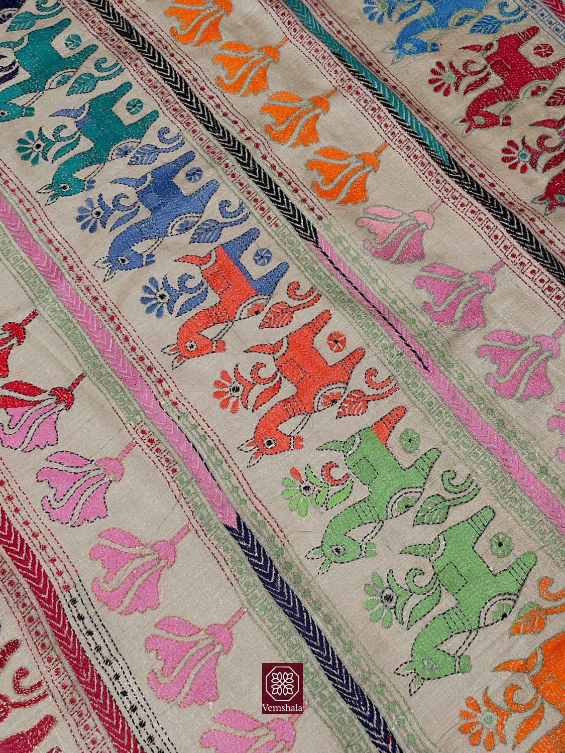 Natural / Multi Color Tussar Silk Kantha Hand Embroidered Saree - Vemshala