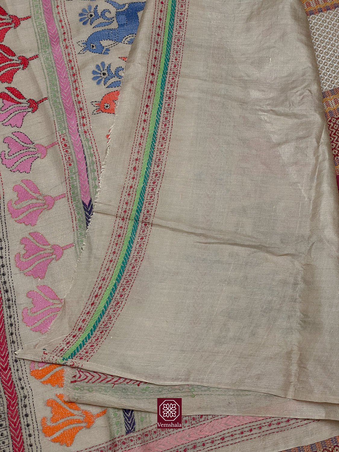 Natural / Multi Color Tussar Silk Kantha Hand Embroidered Saree - Vemshala