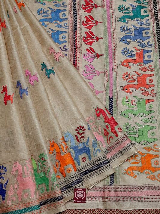 Natural / Multi Color Tussar Silk Kantha Hand Embroidered Saree - Vemshala