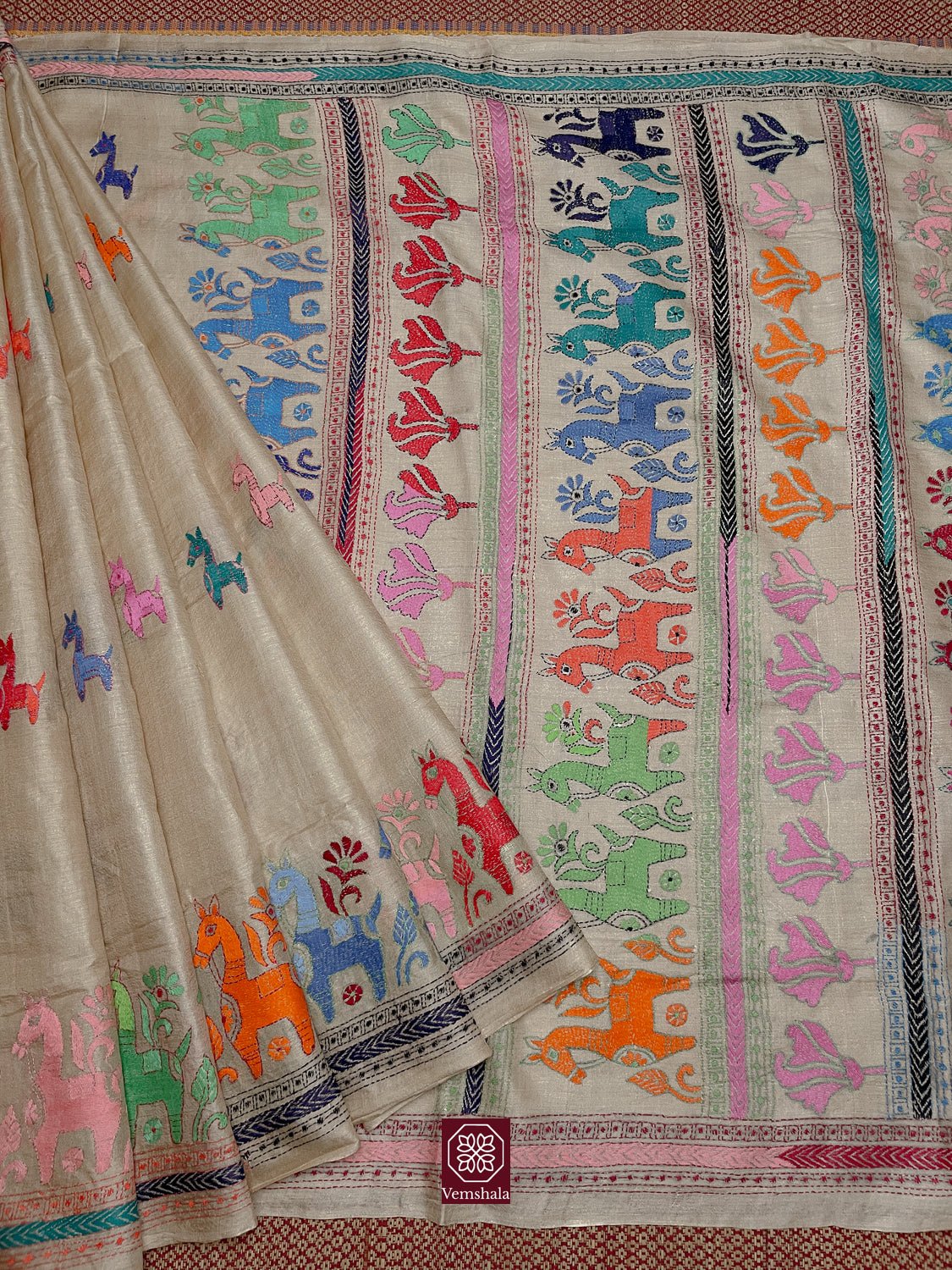 Natural / Multi Color Tussar Silk Kantha Hand Embroidered Saree - Vemshala