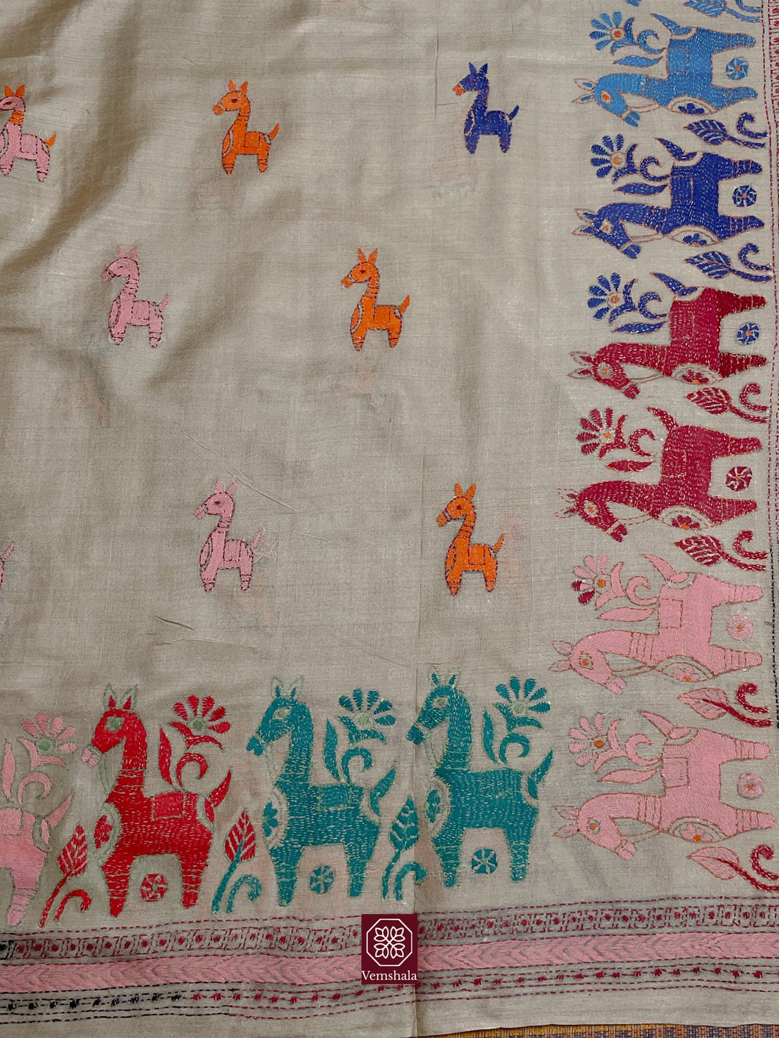 Natural / Multi Color Tussar Silk Kantha Hand Embroidered Saree - Vemshala