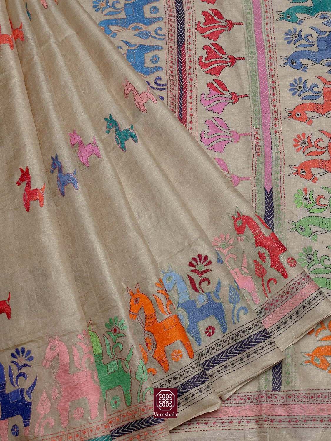Natural / Multi Color Tussar Silk Kantha Hand Embroidered Saree - Vemshala