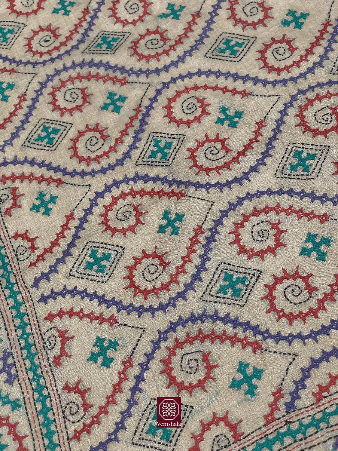 Natural / Multi Color Tussar Silk Sindhi Hand Embroidered Saree - Vemshala