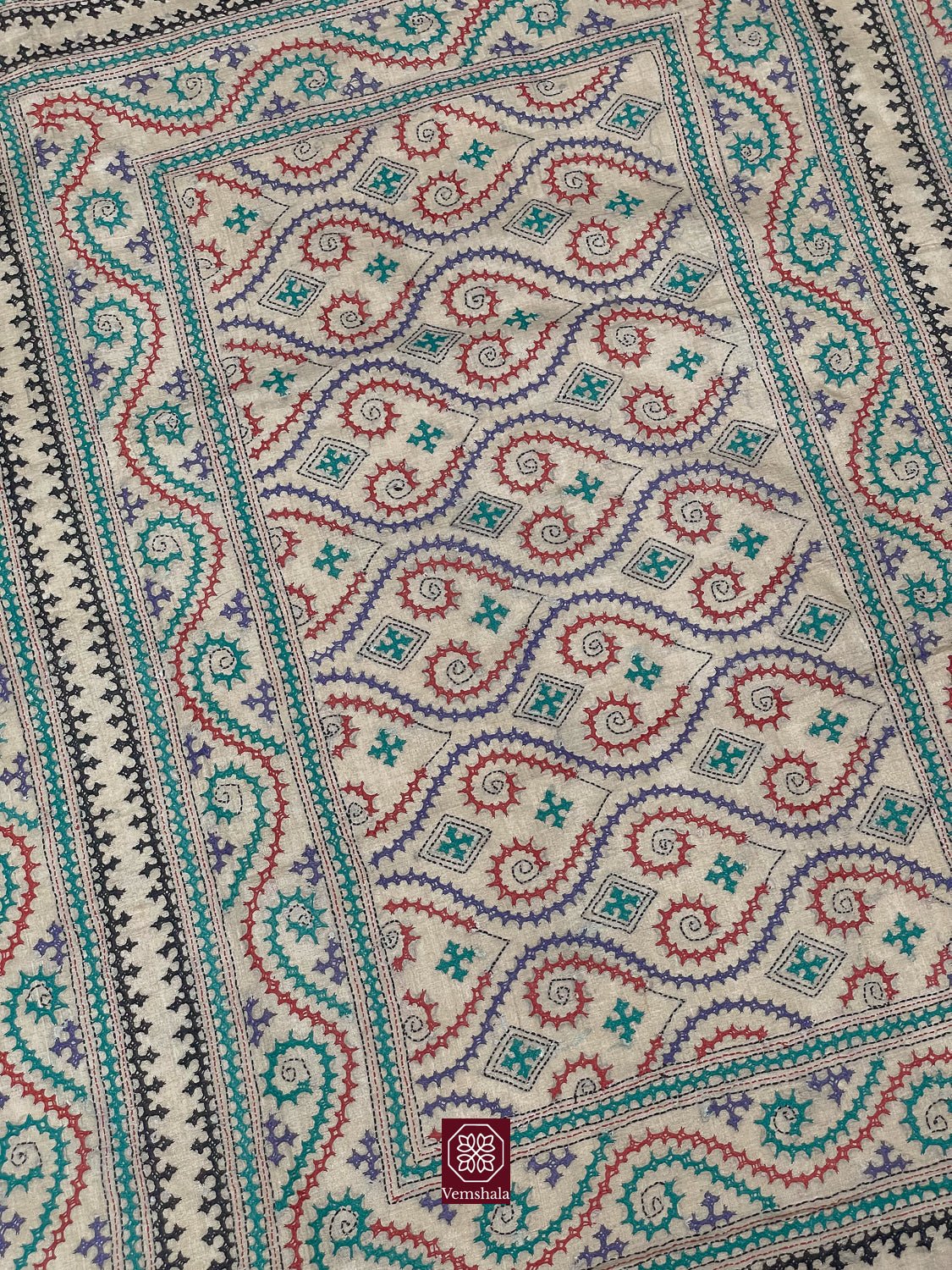 Natural / Multi Color Tussar Silk Sindhi Hand Embroidered Saree - Vemshala