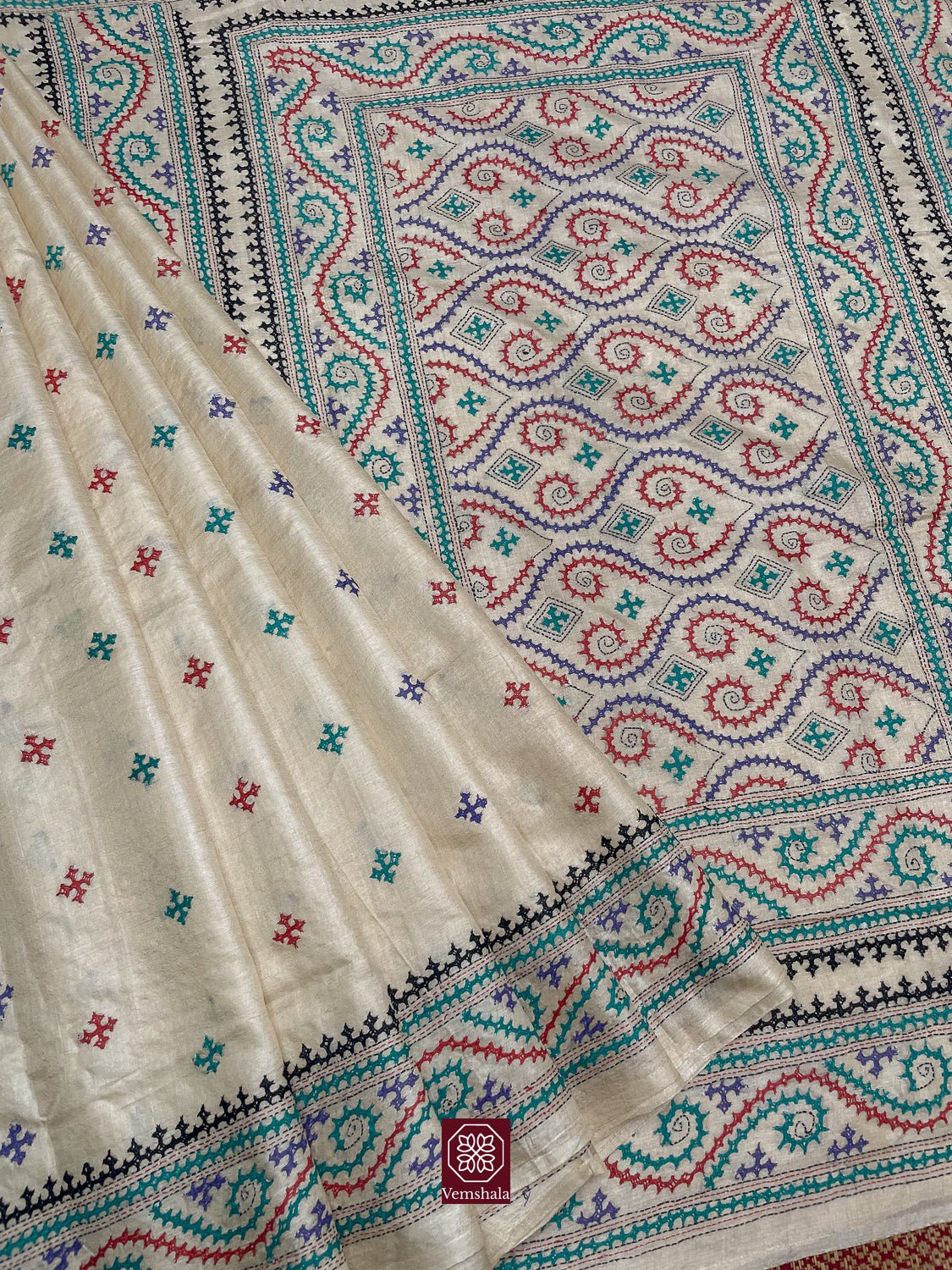 Natural / Multi Color Tussar Silk Sindhi Hand Embroidered Saree - Vemshala