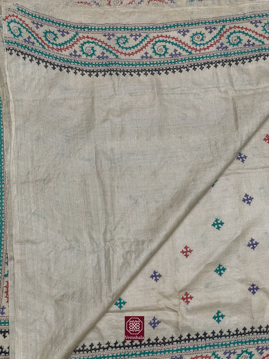 Natural / Multi Color Tussar Silk Sindhi Hand Embroidered Saree - Vemshala
